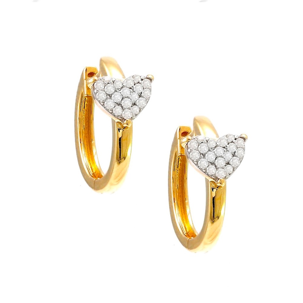 14K Yellow Gold Heart Pave Diamond Huggie Earrings